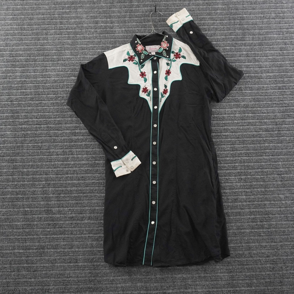 Panhandle Rayon Western Shirt Dress Women M Black Floral Embroidery Studded